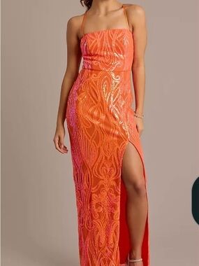 Prom Orange Sequin Maxi Dress with Side Slit